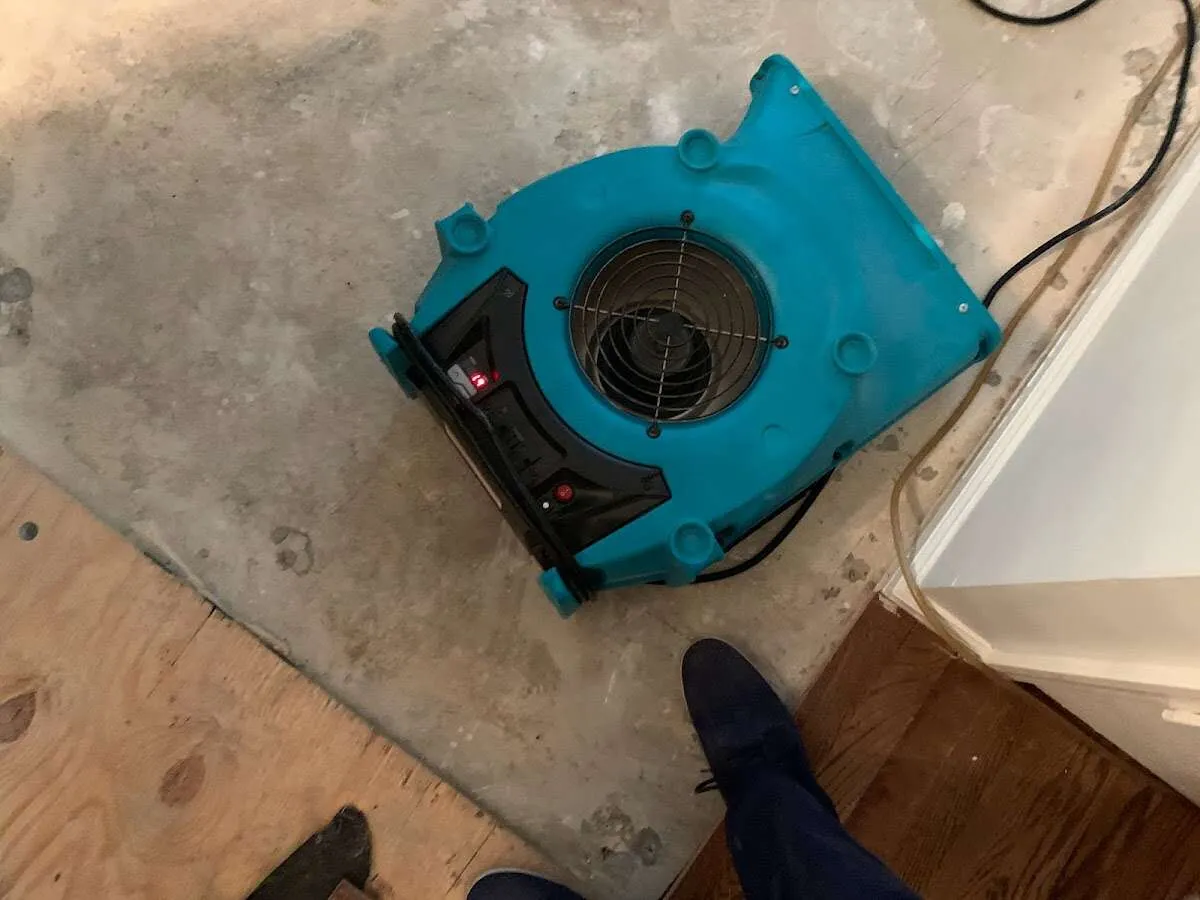 Air mover drying subfloor during Commercial Water Damage Restoration in Larkfield-Wikiup